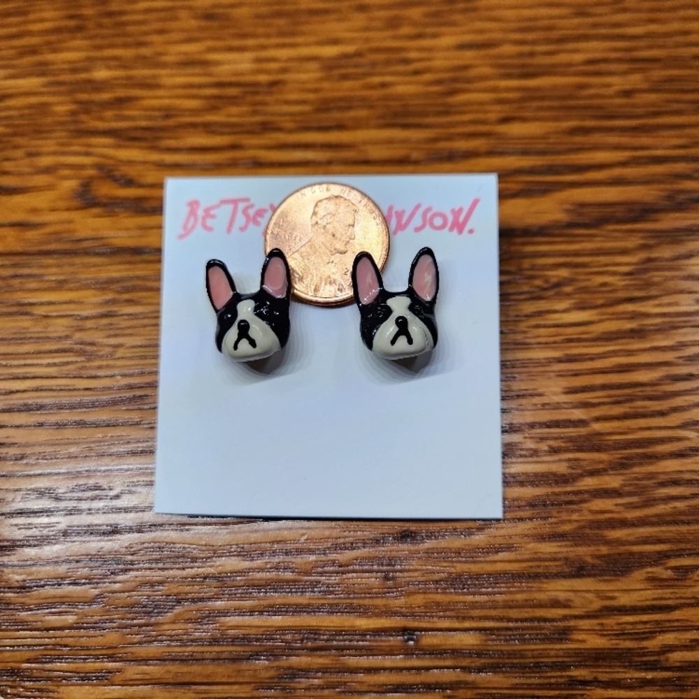 Betsey Johnson French Bulldog Stud Earrings - Black, Pink, Cream - Picture 4 of 4